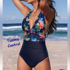 NWT Cupshe Boho Navy Blue Floral Halter Tummy Control‎ One-Piece Size Medium